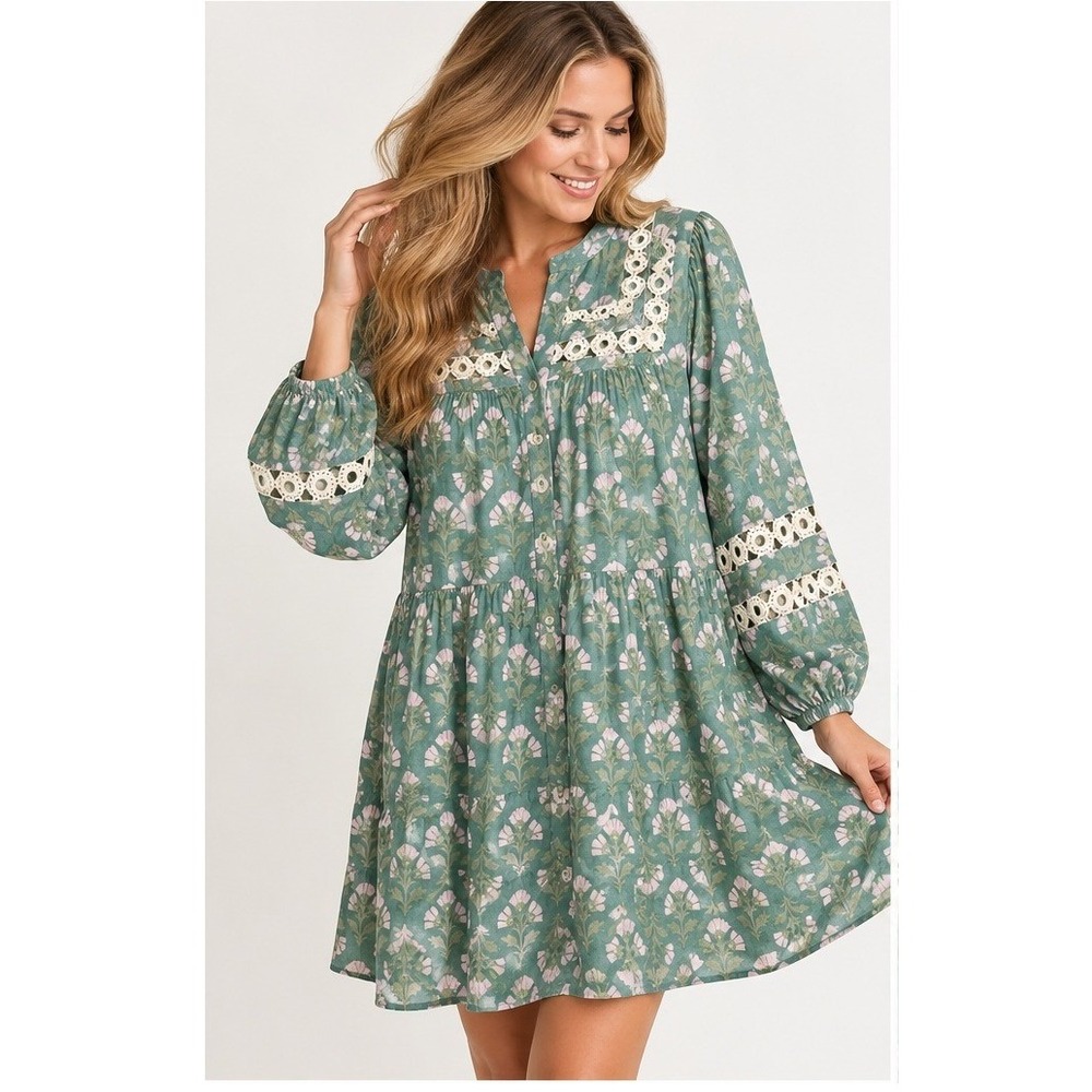 Mud Pie Green Floral Crochet Lace Trim Mini Dress, M